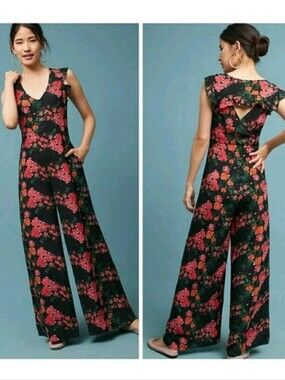 ANTHROPOLOGIE Plenty Tracy Reese Jumpsuit Pink Black Floral Wide Leg M